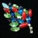 Vintage Rhinestone Leaf Brooch Multi Colored Marquise Navettes of Red, Blue and Green