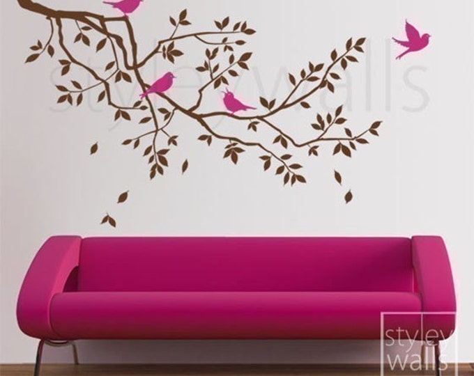 Branch Wall Decal, Branch and Birds Wall Decal, Branch with Birds Wall Sticker, Nursery Baby Room Wall Decal, Kids Children Room Decor