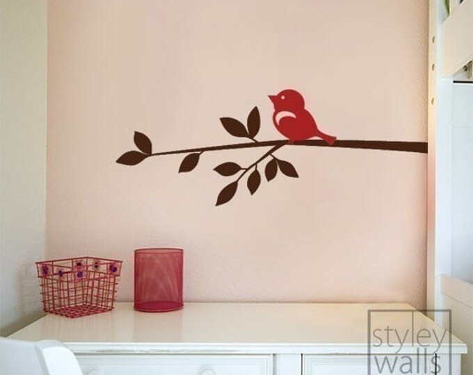 Bird and Branch Wall Decal, Cute Bird on a Branch Vinyl Wall Decal, Nursery Wall Decal, Bird and Branch Wall Sticker for Kids Room Decor