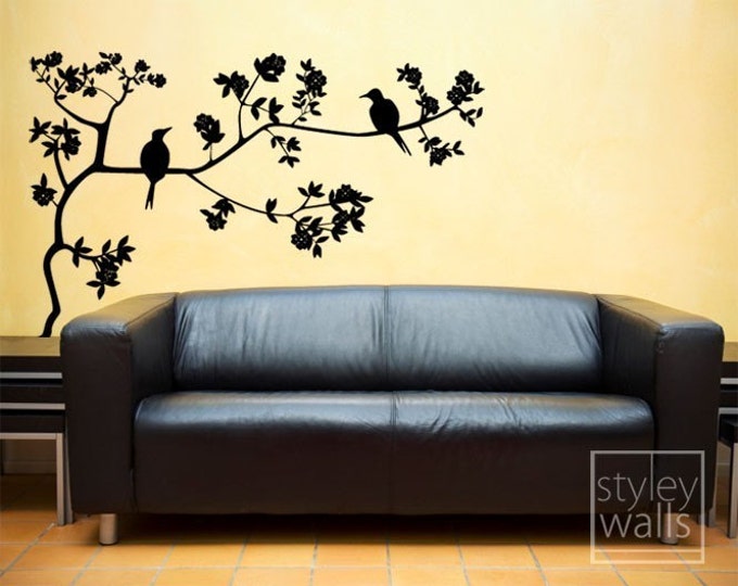 Branch and Birds Wall Decal, Birds on Branch with Leaves Vinyl Wall Decal, Branch Wall Sticker for Home Decor, Branch Wall Decal