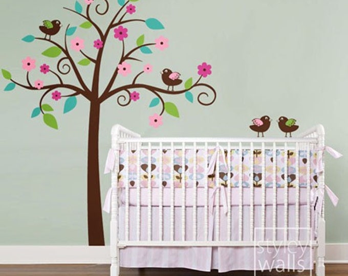 Tree and Birds Wall Decal, Birds with Tree Wall Decal, Tree and Birds Sticker, Whimsical Flower Tree with Love Birds Nursery Wall Decal