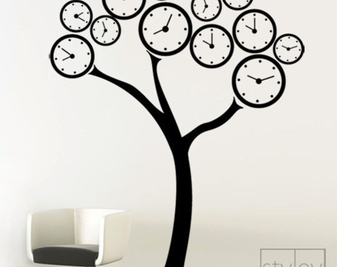 Clock Tree Vinyl Wall Decal, Surreal Clock Tree Wall Sticker, Polka Dots Wall Decal, Clock Wall Decal, Tree Wall Decal for Home Living Room