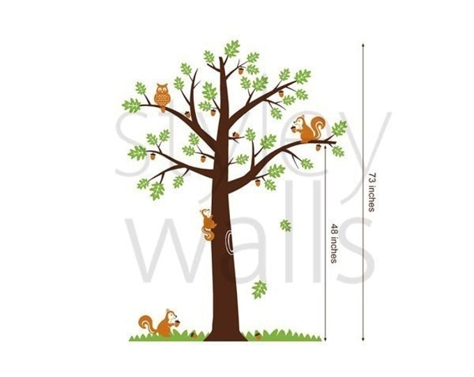 Forest Animals Tree Wall Decal, Squirrels Owls Oak Tree Wall Decal, Nursery Kids Vinyl Wall Decal, Woodland Animals Tree Wall Decal Sticker