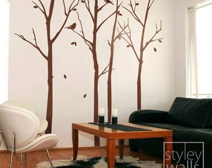 Forest Winter Trees and Birds Wall Decal, Thin Winter trees wall decal, Forest Nature Home Decor, Winter Trees for Baby Kids Room Decor