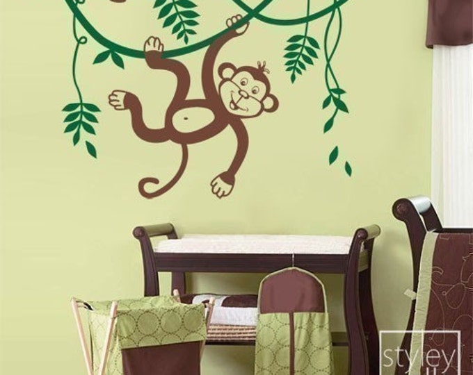 Monkey and Branch Wall Decal, Jungle Monkey Wall Decal, Jungle Monkey Swinging on a Vine and Cute Toucan Wall Sticker for Kids Nursery