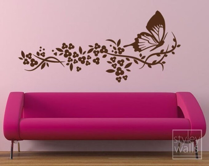 Butterfly Wall Decal, Butterflies Wall Decal, Branch Butterfly and Flowers Wall Decal for Baby Nursery Decor, Butterfly Wall Sticker