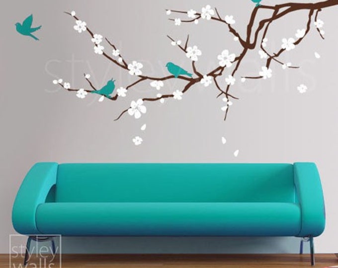 Cherry Blossom Branch Wall Decal, Blossoming Cherry Tree Branch Birds Wall Decal, Flowers Wall Decal Sticker for Children Nursery Kids Room
