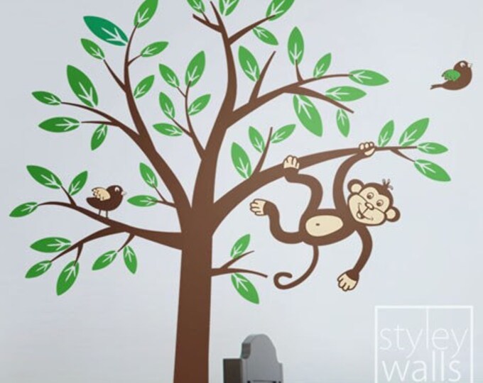 Monkey Tree Wall Decal 2 Monkeys swinging from Tree and Branch with Birds Wall Decal - Nursery Kids Room Decor Baby Sticker Vinyl Wall Decal