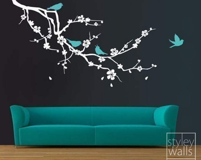 Cherry Blossom Branch and Birds Wall Decal, Cherry Tree Wall Decal, Cherry Branch with Flowers Wall Decal, Cherry Blossom Sticker Wall Decor