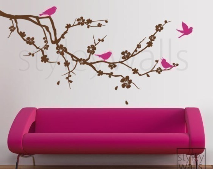 Cherry Blossom Branch Wall Decal, Cherry Branch Wall Decal Sticker, Cherry Blossom Tree with Birds Wall Decal for Nursery Babyroom Decor