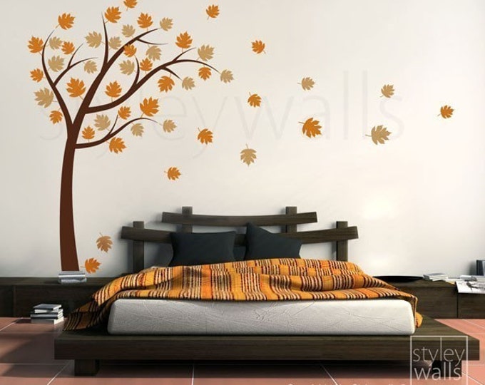 Tree and Leaves Wall Decal, Tree with Leaves Blowing in the Wind Vinyl Wall Decal, Tree with Leaves Wall Sticker for Home Decor Wall Art