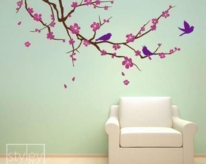 Cherry Blossom Branch and Birds Wall Decal, Cherry Branch Wall Decal Sticker, Cherry BlossomTree Wall Decal for Nursery Home Decor