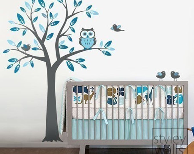 Owl Tree Decal Wall Decal for Nursery Decor, Tree with Owl and Birds Wall Decal Kids Nursery Baby Room Decal, Owls Tree Sticker Room Decor
