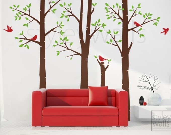 Birch Trees Wall Decal, Forest Trees Wall Decal, Winter Trees and Birds Wall Decal, Living Room Wall Decal, Trees Wall Decal for Home Decor