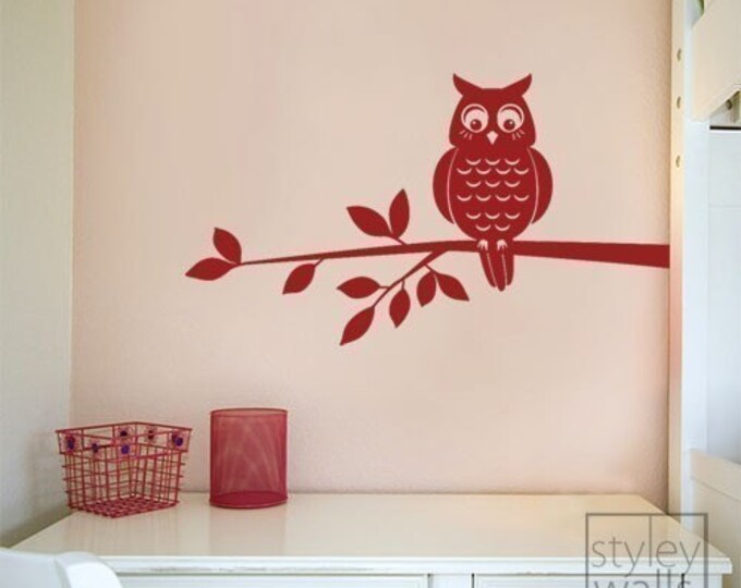 Owl Wall Decal, Owl Wall Sticker, Owl on a Branch Vinyl Wall Decal, Home Decor Kids Room Baby Nursery Wall Decal, Boy or Girl Room Decal