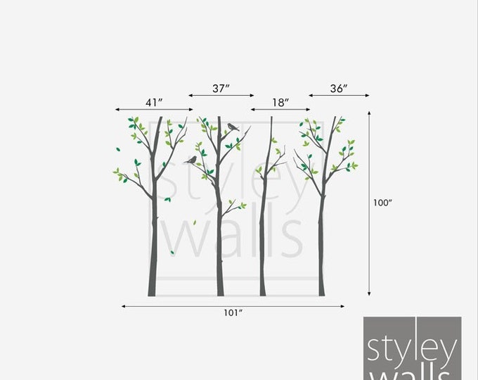 Forest Trees and Birds Wall Decal, Autumn Trees Wall Decal, Trees and Birds Wall Decal, Thin Birch Tress Wall Decal Sticker for Home Decor