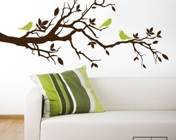 Tree Branch Wall Decal-Love Birds on Branch with Leaves - Vinyl Wall Decal Art Home Decor Nursery Kids Children Baby Room Wall Decal