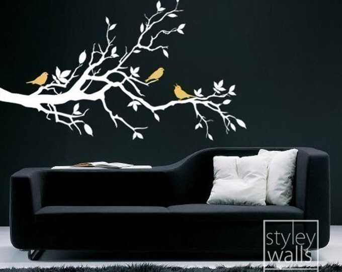 Tree Branch Wall Decal-Love Birds on Branch with Leaves - Vinyl Wall Decal Art Home Decor Nursery Kids Children Baby Room Wall Decal