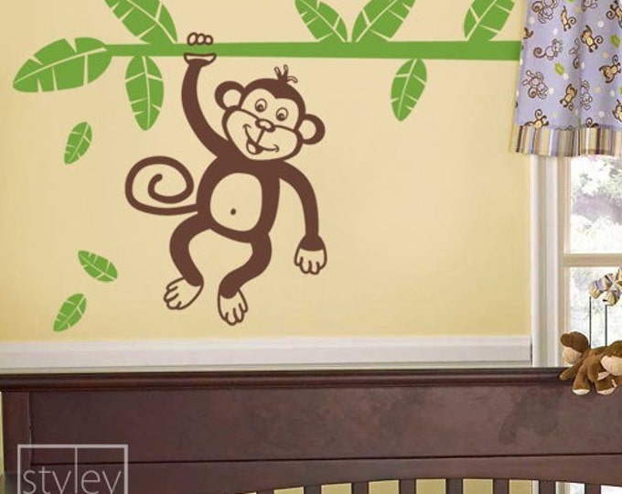 Monkey Wall Decal, Monkey Wall Sticker, Jungle Wall Decal, Jungle Monkey Holding Branch with Leaves Vinyl Wall Decal for Kids Room