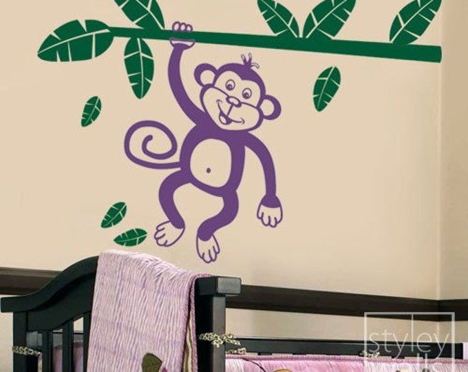 Monkey Wall Decal, Monkey Wall Sticker, Jungle Wall Decal, Jungle Monkey Holding Branch with Leaves Vinyl Wall Decal for Kids Room