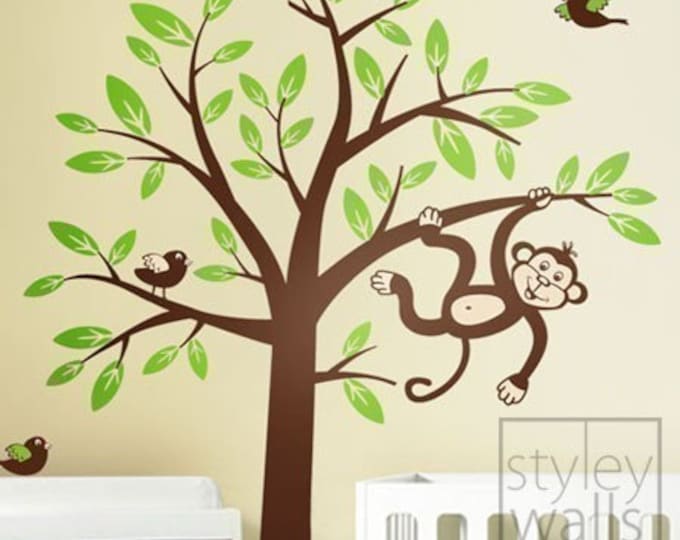 Monkey Tree Wall Decal- 2 Monkeys swinging from Branch and Tree with Birds Wall Decal - Nursery Kids Vinyl Wall Decal Baby Room Wall Sticker