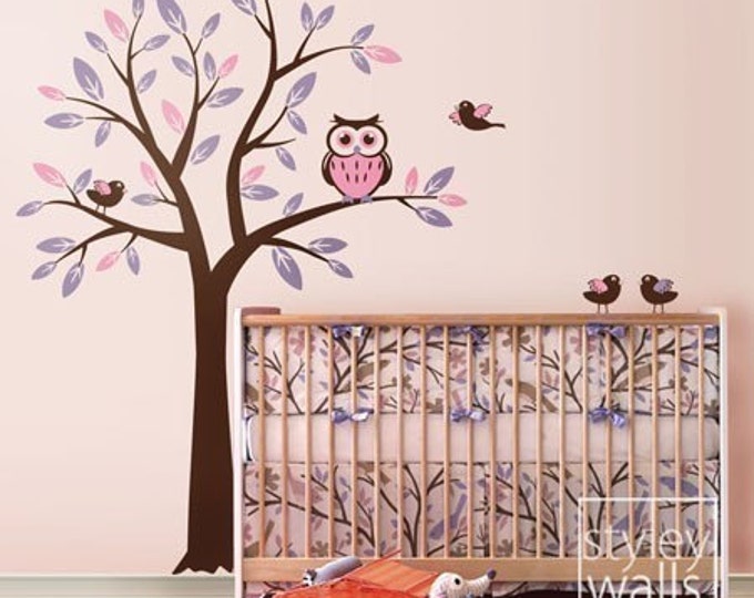 Owl Tree Wall Decal, Tree with Owls and Birds Wall decal, Owl Tree for Nursery Wall Decor, Owls Tree Kids Room Wall Decal, Owls Tree Sticker