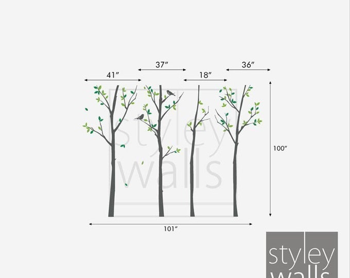 Tree Wall Decal, Forest Trees and Birds Wall Decal, Birds Trees Decal, Winter Trees Nature Vinyl Wall Decal, Winter Trees Home Decor Sticker