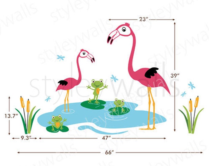 Flamingos Wall Decal, Flamingos Frogs and Dragonflies Wall Decal, Flamingos Froggies Dragonflies Nursery Sticker, Flamingos Bathroom Decal