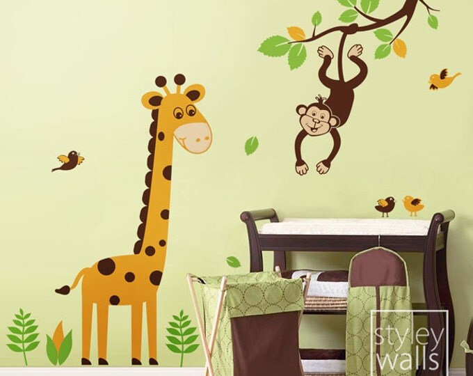 Giraffe Wall Decal Jungle Animals Monkey Swinging from Branch and Cute Giraffe Wall Decal Nursery Kids Baby room Vinyl Wall Decal