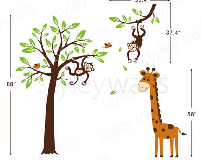Tree Wall Decal, Monkey and Giraffe Wall Decal, Monkey Wall Decal, Giraffe Wall Decal, Jungle Animals Wall Decal for Baby Nursery Kids Room