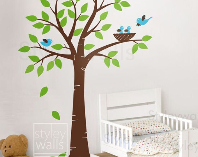 Tree Wall Decal, Tree with Bird Nest and Birds Nursery Vinyl Wall Decal, Bird Nest Tree Wall Decal, Tree Wall Sticker for Baby Room Decor