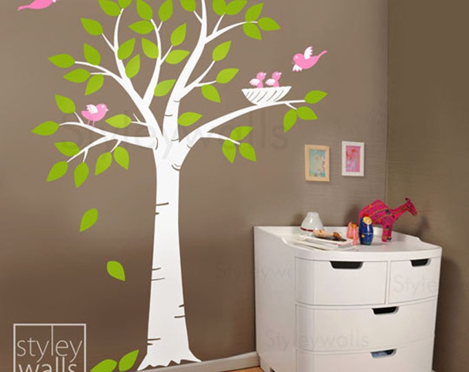 Tree Wall Decal, Tree with Bird Nest and Birds Nursery Vinyl Wall Decal, Bird Nest Tree Wall Decal, Tree Wall Sticker for Baby Room Decor
