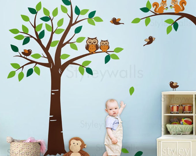 Forest Animals Tree Wall Decal Woodland Wall Decal, Squirrels Owl and Birds Animals Wall decal Nursery Decal Baby Room Kids Children