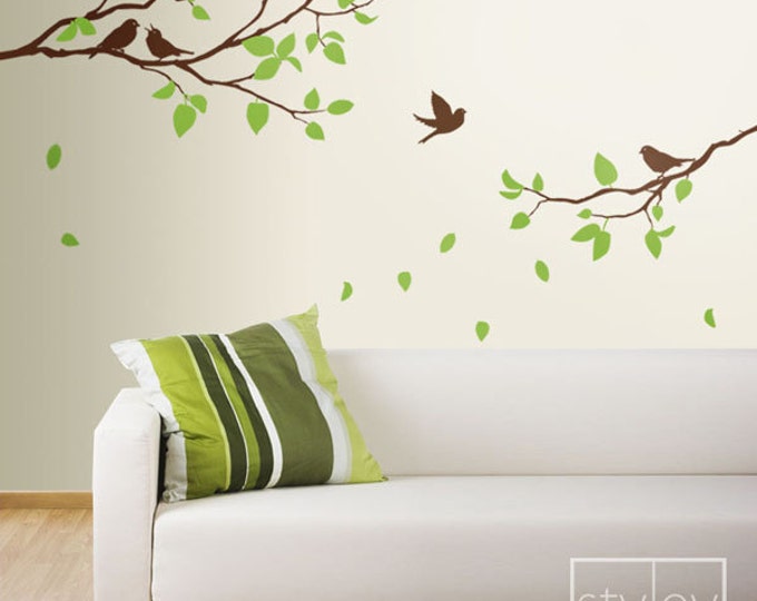 Branches Wall Decal, Two Spring Branches and Birds Wall Decal, Leaves and Birds Wall Decal, Branch Decal for Home Decor, Branch Sticker