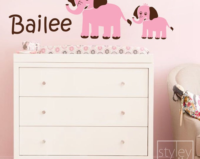 Elephants Wall Decal, Nursery Wall Decal, Mother and Baby Elephant, Personalized Vinyl Wall Decal for Kids Children Room Decor Sticker