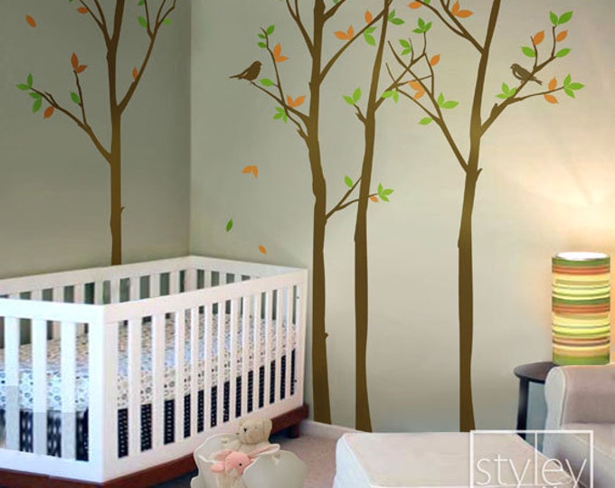 Tree Wall decal, Forest Trees Wall Decal with Birds, Winter Trees Decal Nursery Home Decor, Birch Trees Wall Decal Baby Kids Room Decor