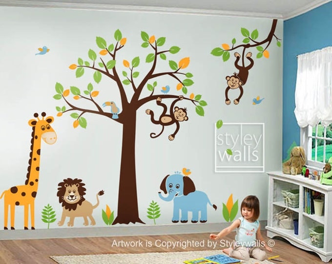 Jungle Tree Wall Decal, Jungle Animals Wall Decal, Safari Animals Wall Decal, Safari and Jungle Wall Sticker for Baby Nursery Decor