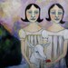 Sister twins and goat painting Folk Art Portrait original