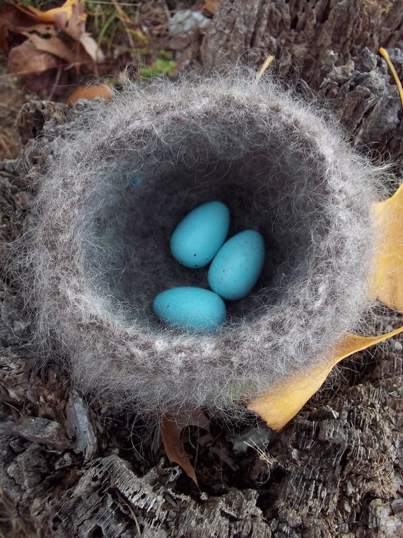 Felted Wool Birds Nest with Painted Wooden by WoolenWondersbyEllen