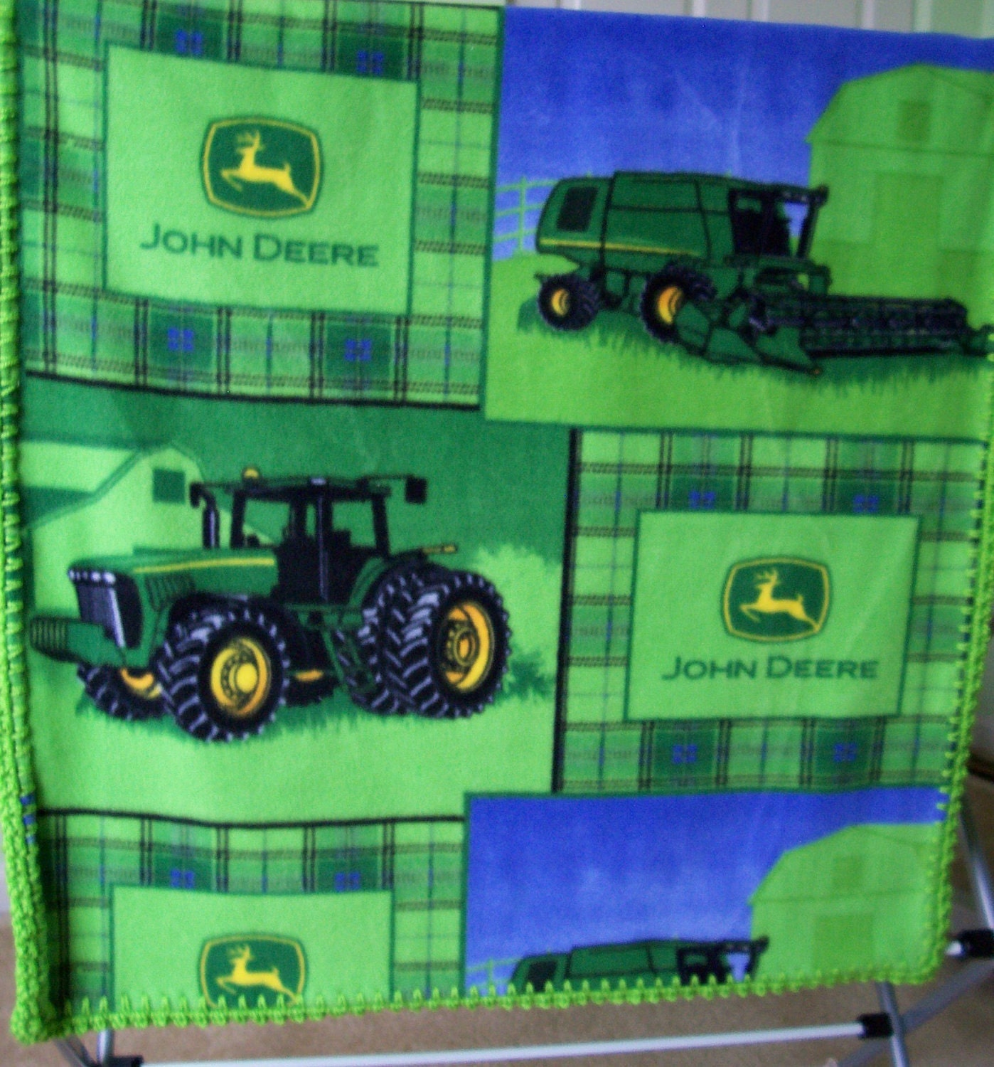 JOHN DEERE Baby Blanket Plaid TRACTOR Fleece & Hand Crochet