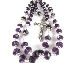 Mens Large Black Crystal Rosary Necklace with Silver