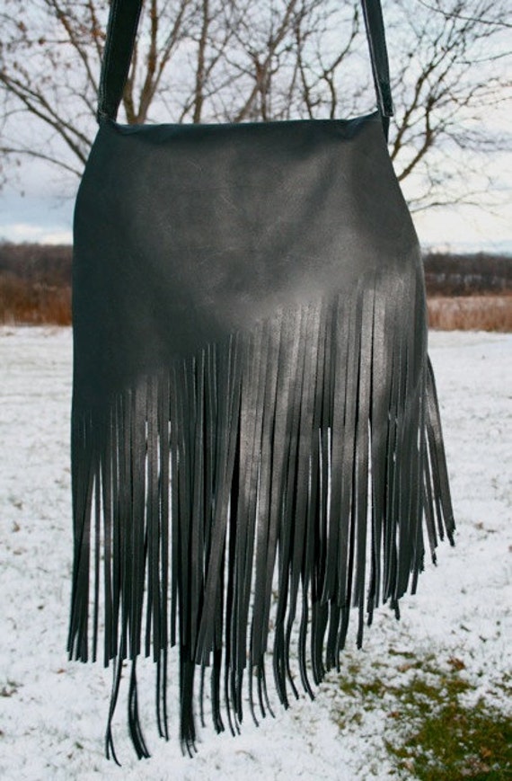 Black Leather Fringe Bag