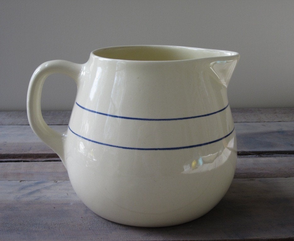 Large Farmhouse Pitcher Creamy Pale Yellow with Blue Stripes