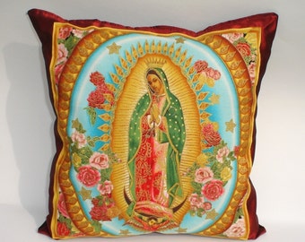 Mexican Virgin Mary Guadalupe throw Pillow rockabilly