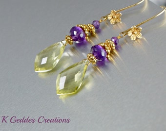 Lemon Quartz Earrings Purple Amethyst Gold Filled Earrings Gemstone Dangle Earrings Gold Flower Earrings