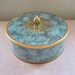 Vintage English Round Tin Container by DAHER, Teal Grey and Gold