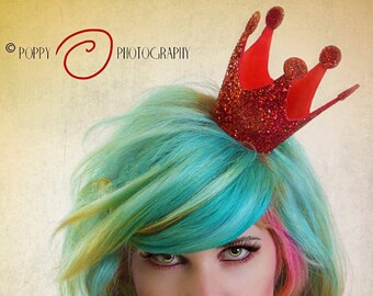 Queen of Hearts Crown Mini, Red Glitter Crown, Burlesque