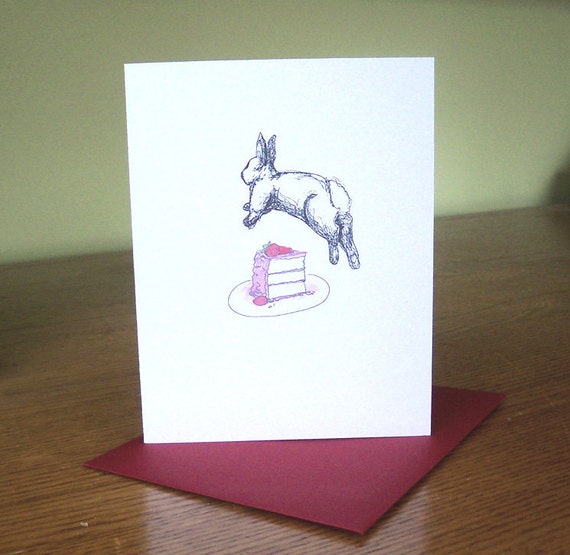 Rabbit leaping over cake greeting card, free shipping