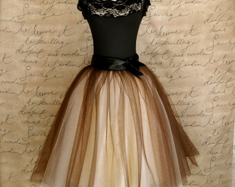 Brown and cream womens tulle skirt. One of our most popular tulle skirts with wide black or brown satin ribbon waist.