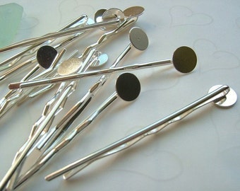 Bulk Buy -- 50 pieces of Silver Plated Bobby Pins with 10 mm Round Pad -- 65mm